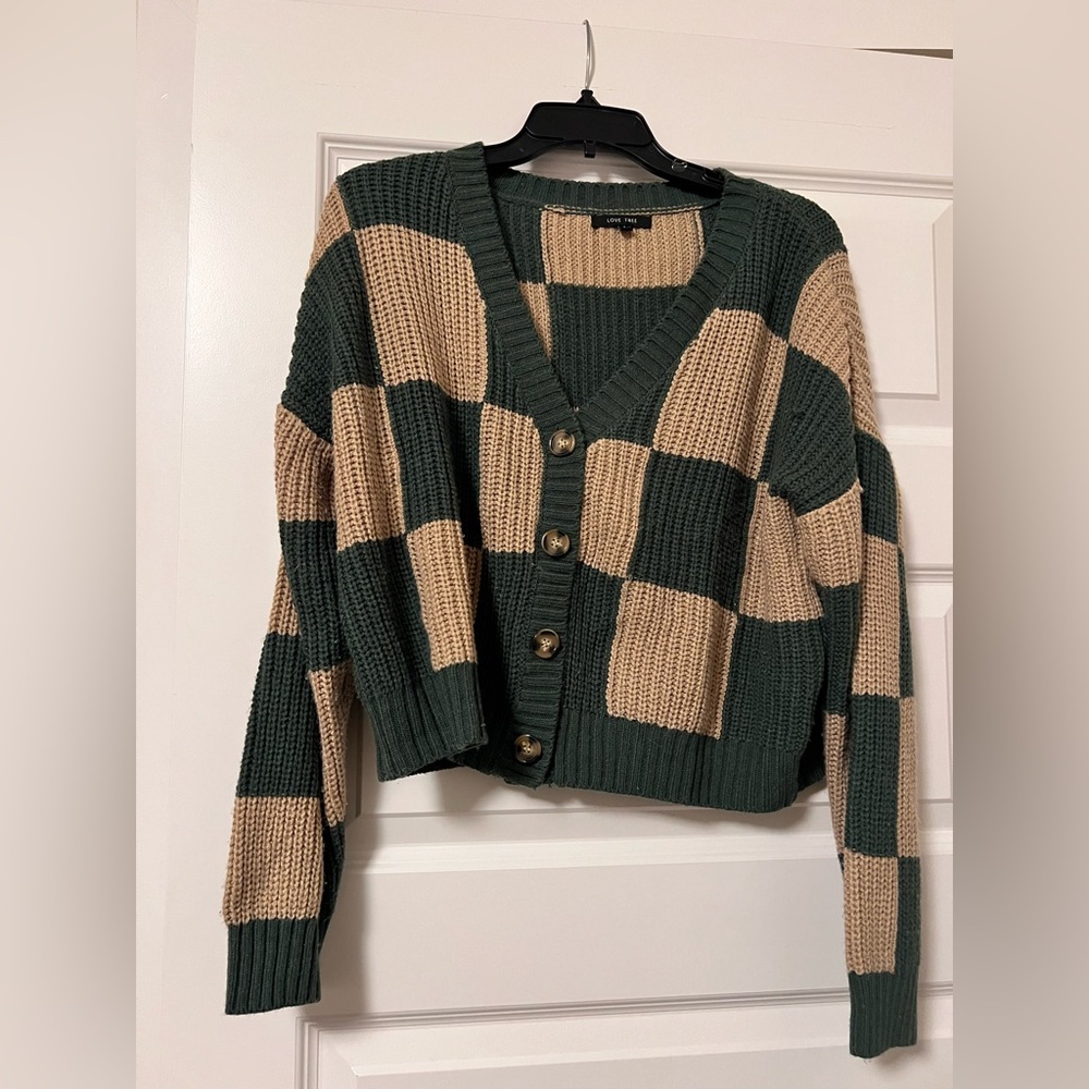 Green and Tan Checkered Women's cardigan Sweater